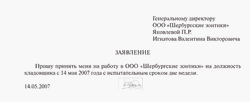 Образец заявления о приеме на работу с испытательным сроком